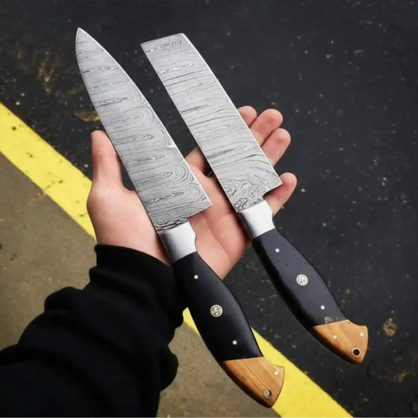 Japanese Damascus Kitchen Knife Pair – Gyuto &amp; Nakiri | 13” Chef Knife &amp; 12” Cleaver, Olive Wood Handle, Full Tang