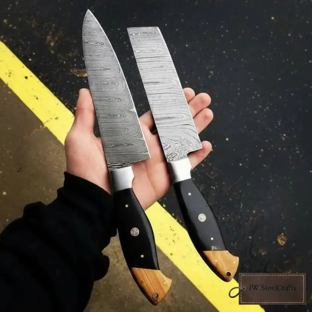 Twisted Damascus 12” Cleaver &amp; 13” Chef Knife – Black Micarta and Olive Wood