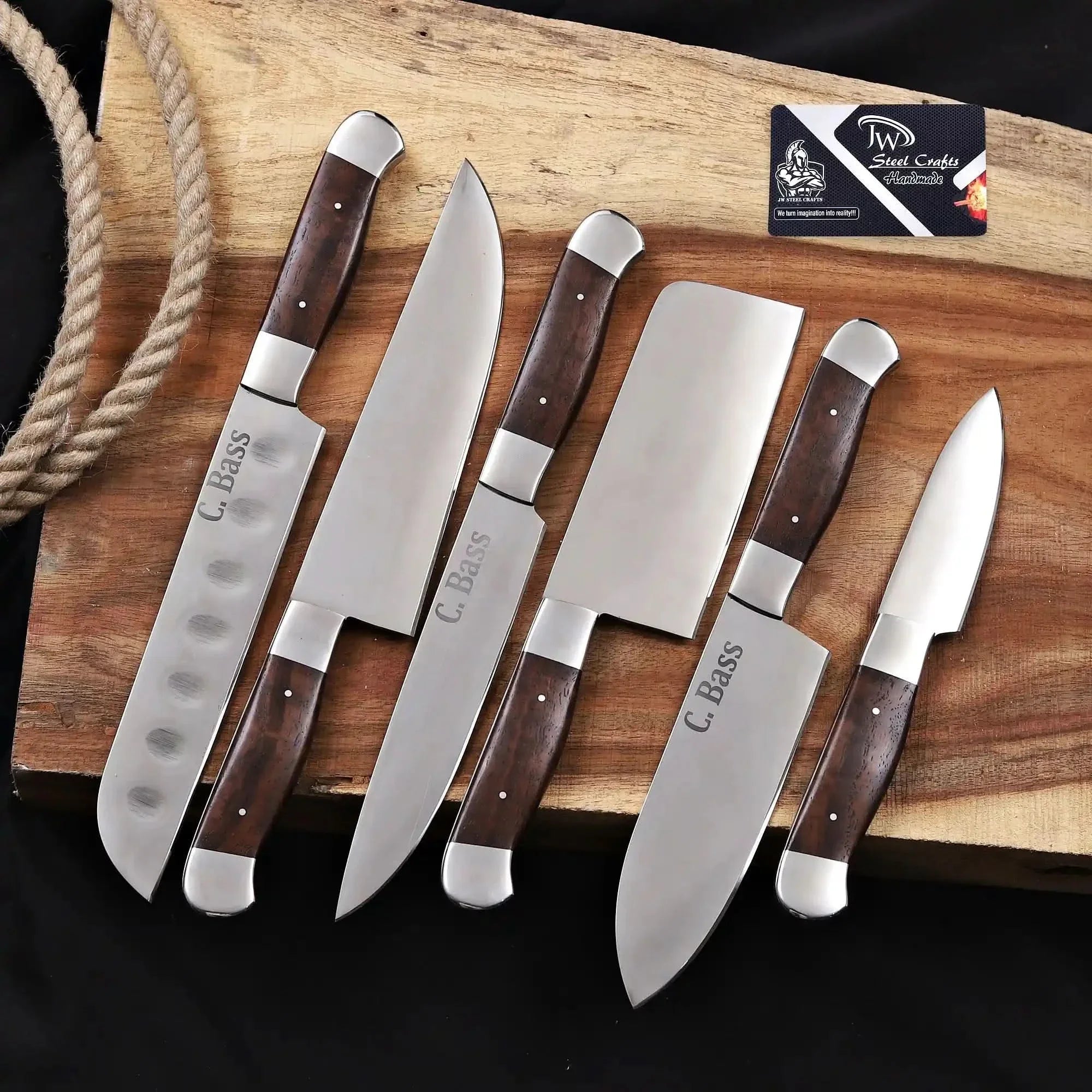 Handmade 6 Piece Chef Knife Set with Leather Roll – Full Tang Kitchen Knives Set with Cleaver, Chef, Santoku, Utility &amp; Paring