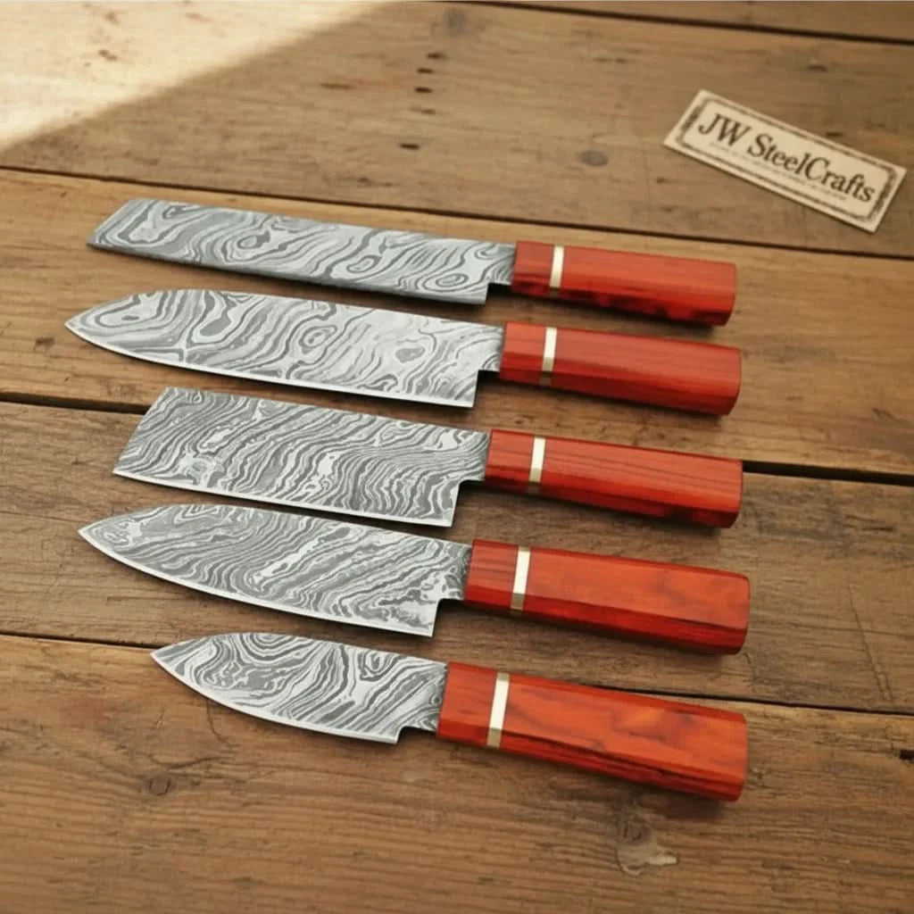 5-Piece Twisted Damascus Kitchen Knife Set — Sujihiki, Gyuto, Nakiri, Utility &amp; Petty with Red Pakka Wood Handles | JW Steel Crafts