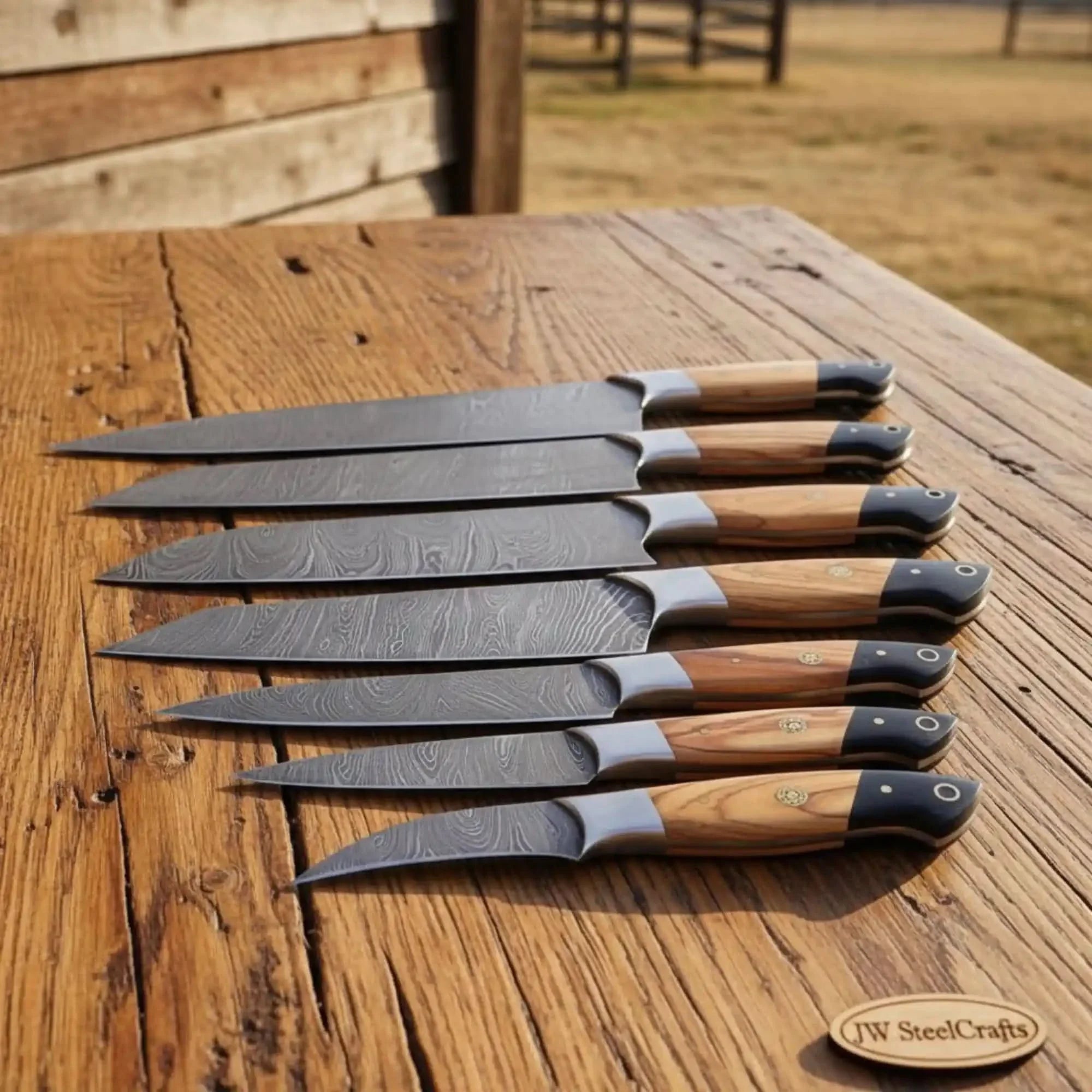 8-Piece Damascus Fillet &amp; Precision Utility Knife Set — Olive Wood &amp; Black Resin Handles, Full Tang with Steel Bolster