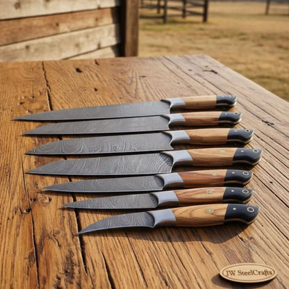 8-Piece Damascus Fillet &amp; Precision Utility Knife Set — Olive Wood &amp; Black Resin Handles, Full Tang with Steel Bolster