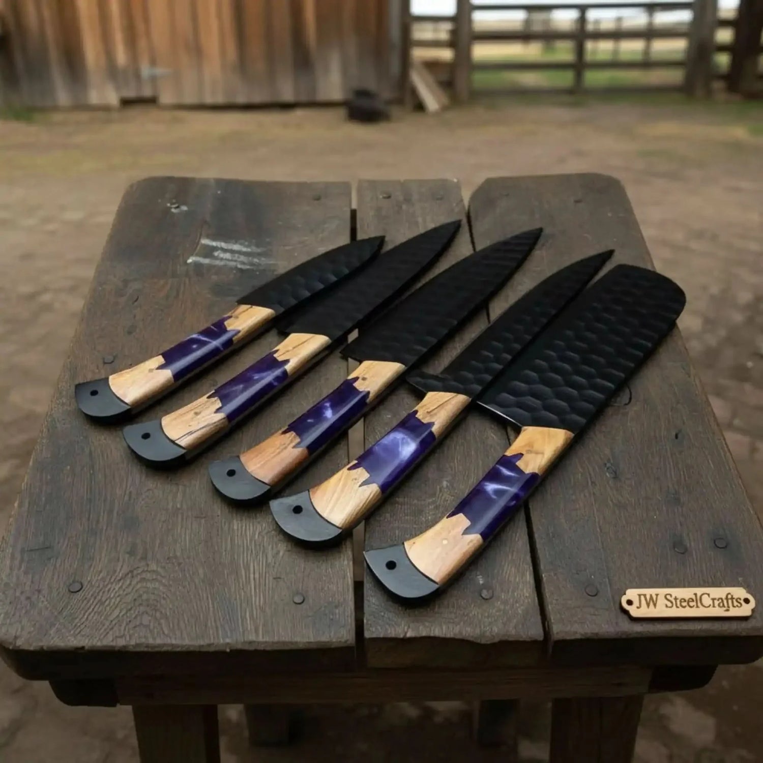 5-Piece Hand-Forged Chef Knives Set – Black Blades, Purple Resin &amp; Olive Wood Handles