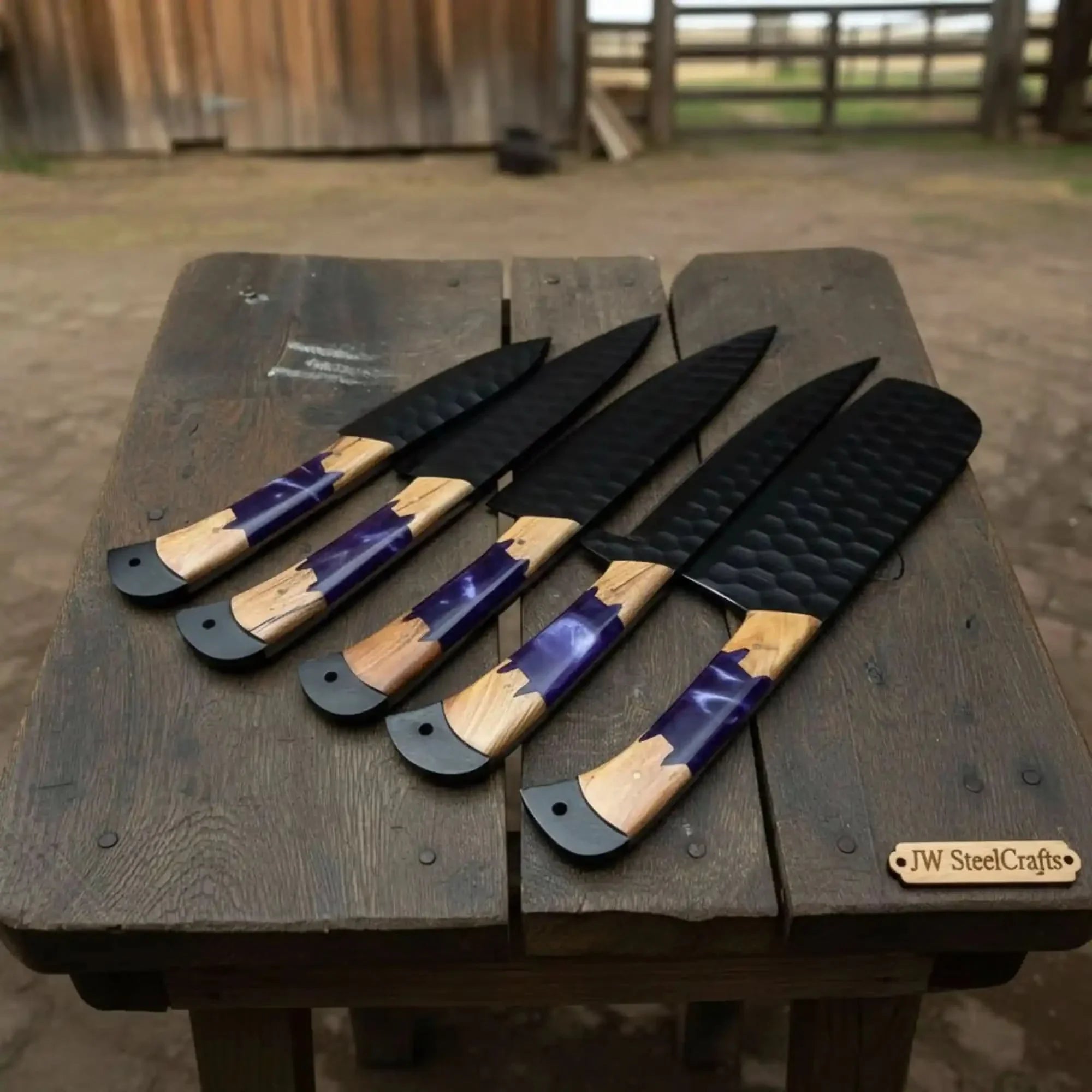5-Piece Hand-Forged Chef Knives Set – Black Blades, Purple Resin &amp; Olive Wood Handles