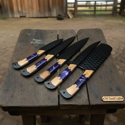 5-Piece Hand-Forged Chef Knives Set – Black Blades, Purple Resin &amp; Olive Wood Handles