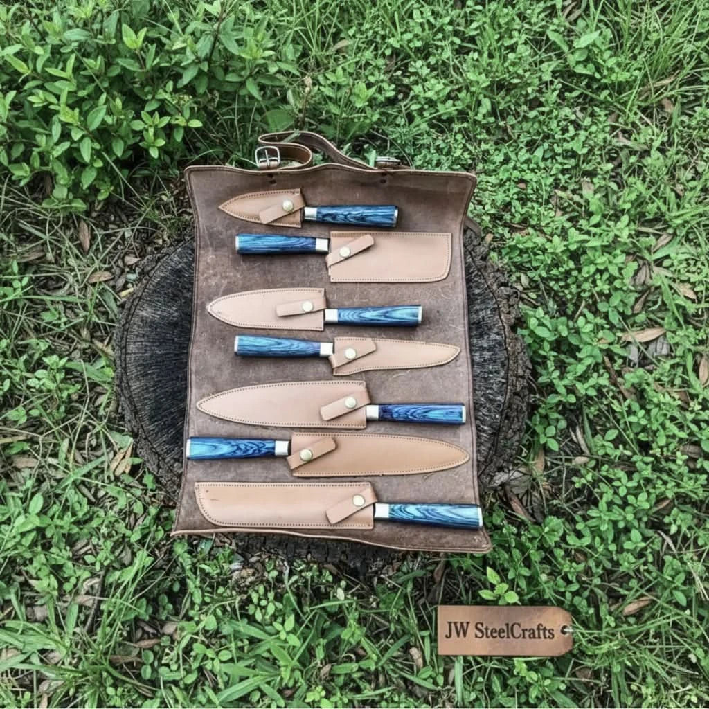 Professional Damascus Kitchen Knife Set 7 Piece Blue Stabilized Wood Handle Handmade Chef Knife Collection JW SteelCrafts
