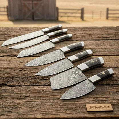 7-Piece Damascus Kitchen Knife Set - Professional Chef Collection with Dark Pakka Wood Handle