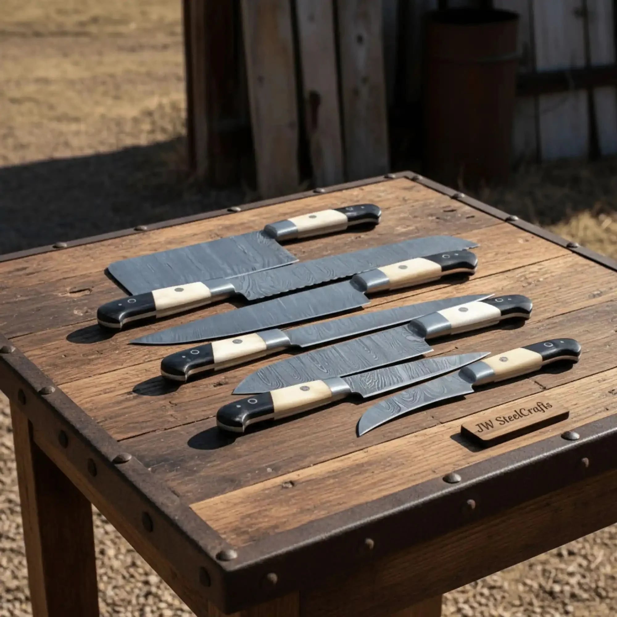 7-Piece Damascus Kitchen Knife Set — Chef, Cleaver, Bread, Santoku, Utility &amp; Paring Knives with White Bone and Black Resin Handles