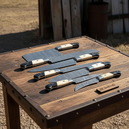 7-Piece Damascus Kitchen Knife Set — Chef, Cleaver, Bread, Santoku, Utility &amp; Paring Knives with White Bone and Black Resin Handles