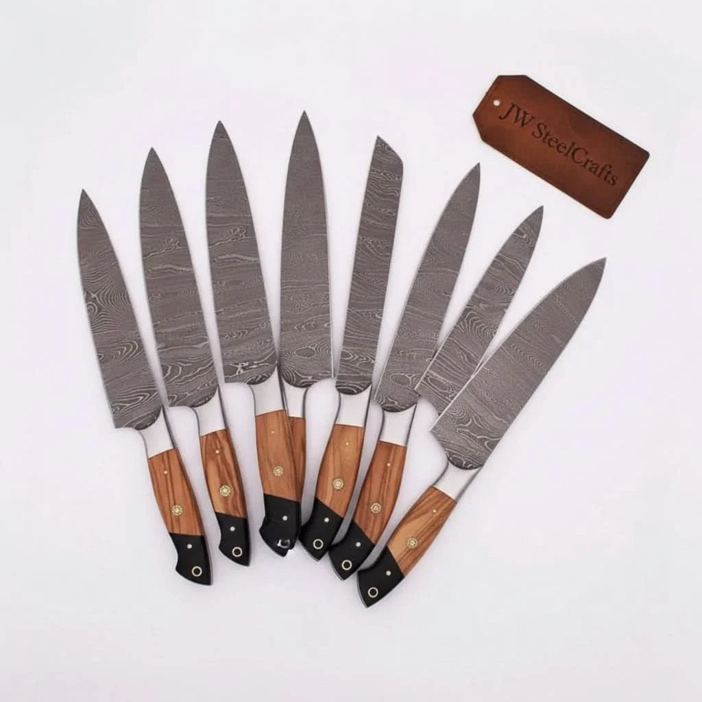 Handmade Damascus Knife Set, Olive Wood &amp; Resin Handle