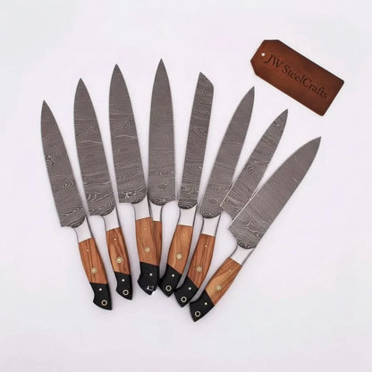 Handmade Damascus Knife Set, Olive Wood &amp; Resin Handle