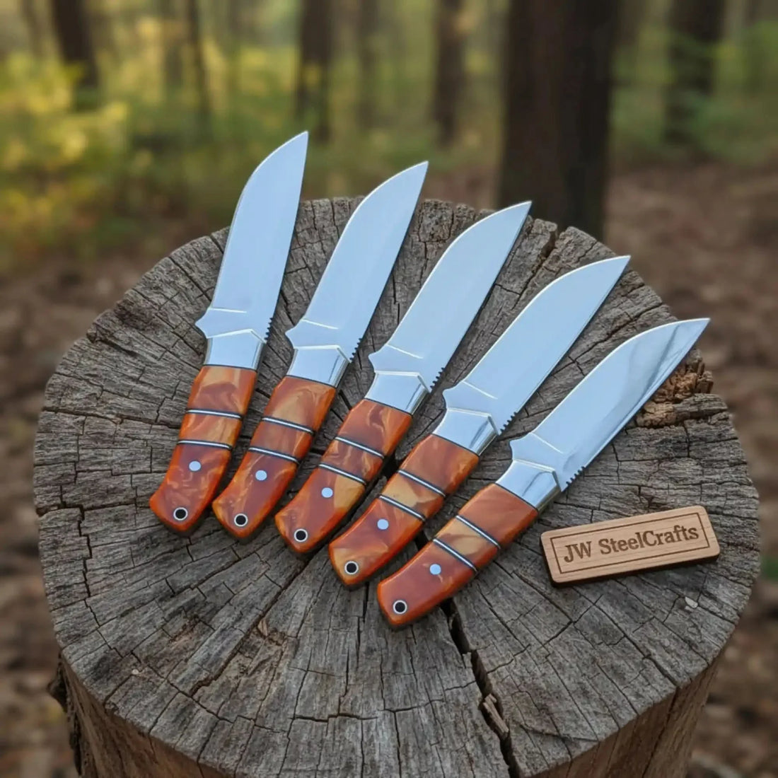 Handmade Artisan Scandi Bushcraft Knife of Set 5-Piece with Scandi Grind &amp; Orange Resin Handles