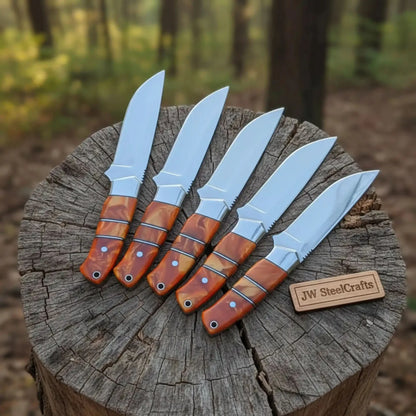 Handmade Artisan Scandi Bushcraft Knife of Set 5-Piece with Scandi Grind &amp; Orange Resin Handles