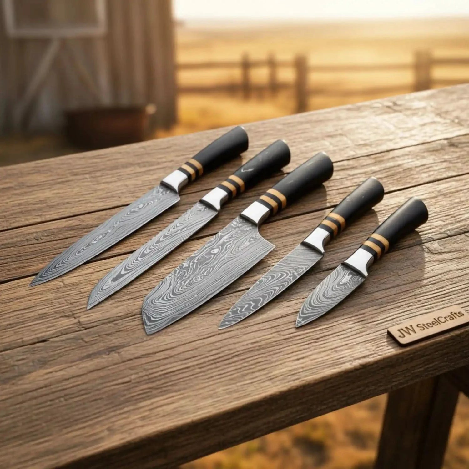5-Piece Handmade Damascus Kitchen Knife Set with Chef, Santoku, Utility, Carving, Paring Knives