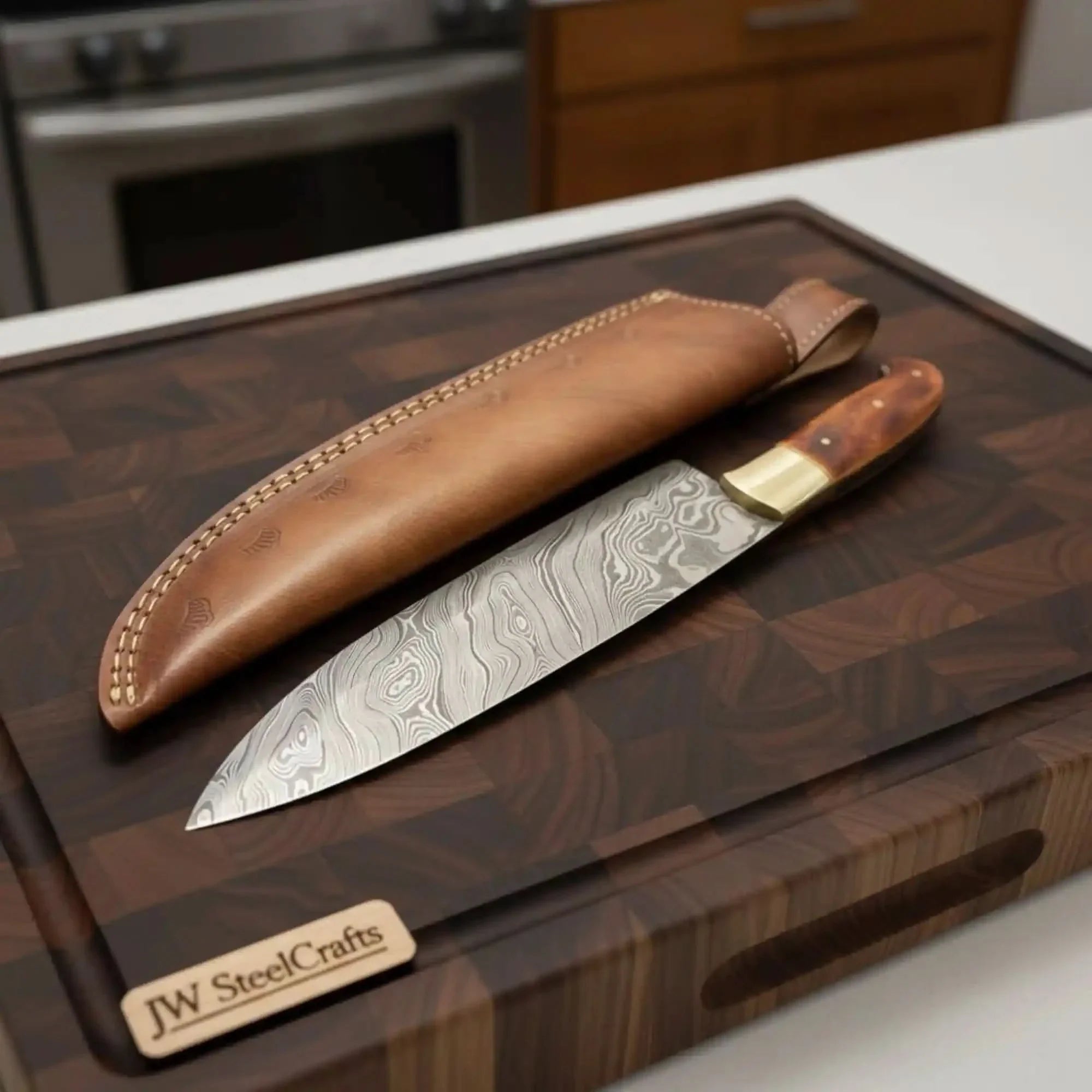 14-Inch Handmade Damascus Chef Knife – Brown Handle &amp; Brass Bolster | Layered Damascus Blade | Hand-Stitched Leather Sheath Included