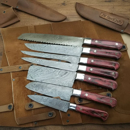 Handmade Damascus Chef Knife Set of 8 with Leather Roll, Full Tang Culinary Knife Collection with Red Wood Handles – JW SteelCrafts