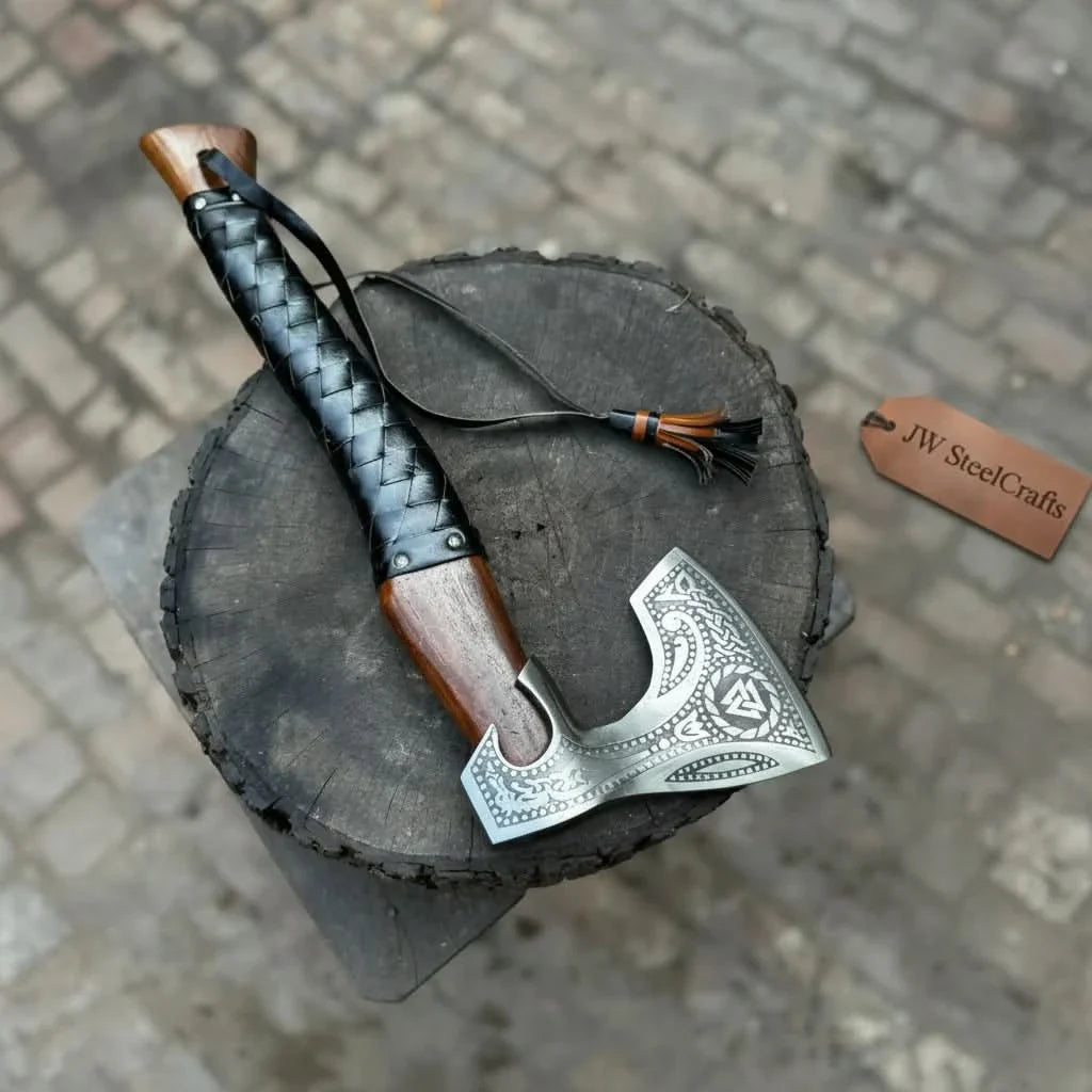 Viking Axe with Leather Wrapped Handle &amp; Engraved Head – JW SteelCrafts