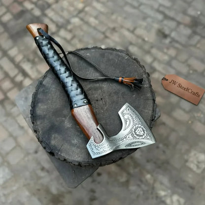 Viking Axe with Leather Wrapped Handle &amp; Engraved Head – JW SteelCrafts