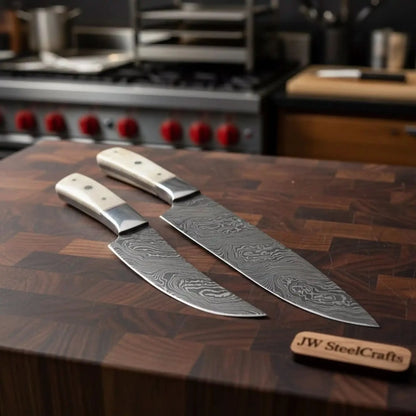 2-Piece Damascus Chef Knife Set — 10 &amp; 8 Inch Wave Pattern Blades, White Camel Bone Handles &amp; Steel Bolsters | JW Steel Crafts
