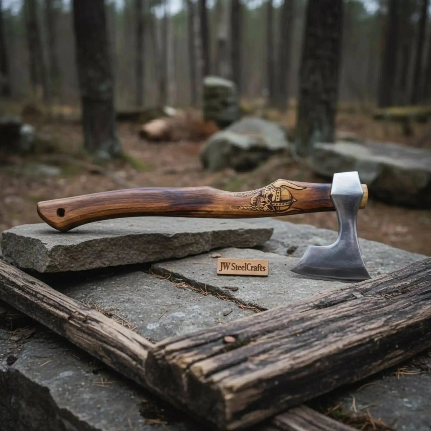Hand Forged Damascus Steel Viking Axe – 18” Bearded Bushcraft Hatchet with Hardwood Handle | JW SteelCrafts
