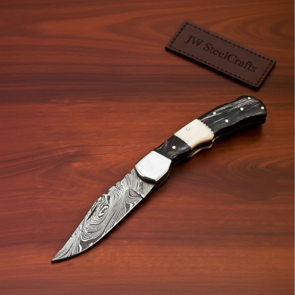 Handmade Damascus Folding Pocket Knife – Engraved &amp; Plain Handle Variants | Leather Sheath Included