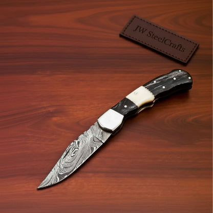 Handmade Damascus Folding Pocket Knife – Engraved &amp; Plain Handle Variants | Leather Sheath Included