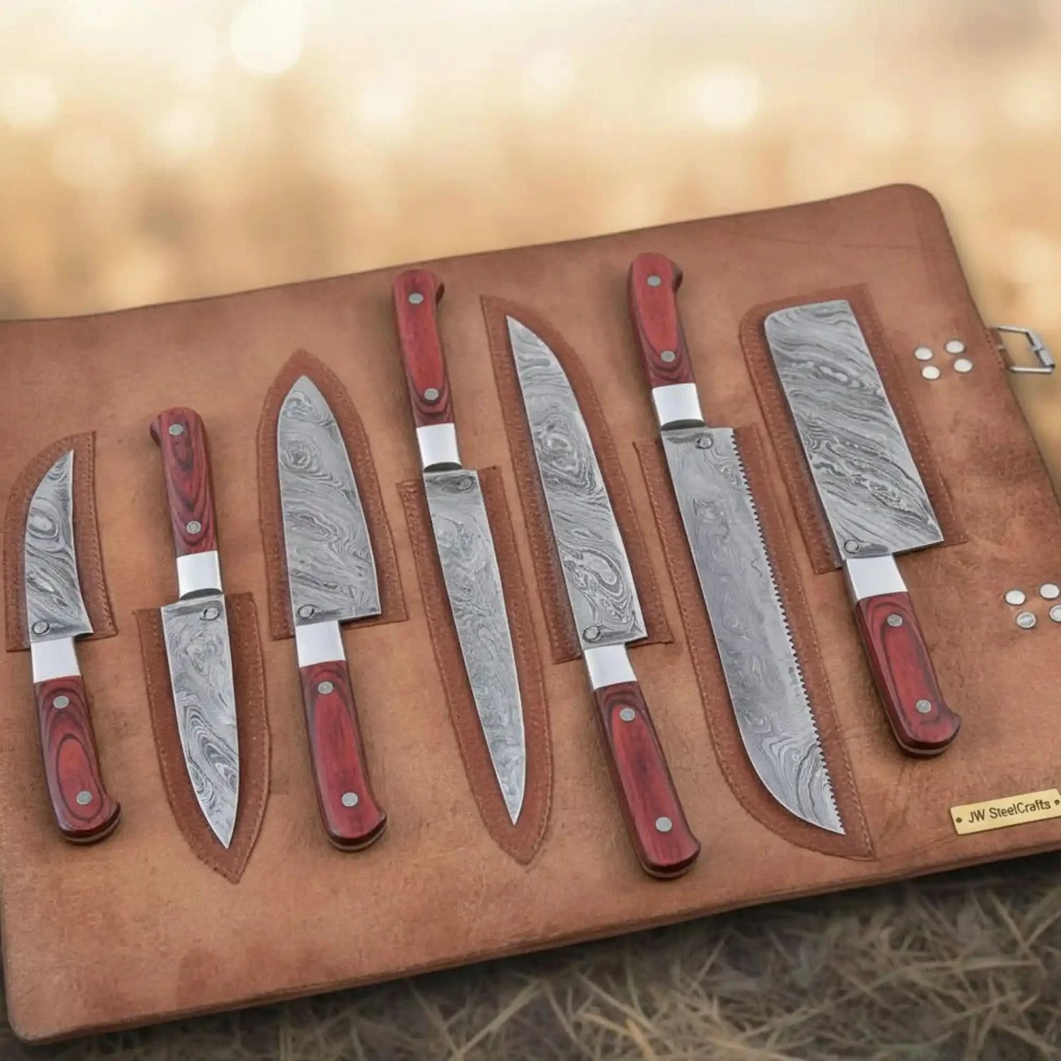 Hammer-Forged Damascus Chef &amp; Utility Knife Set in Leather Roll – Red Pakka Wood Handles, Full Tang