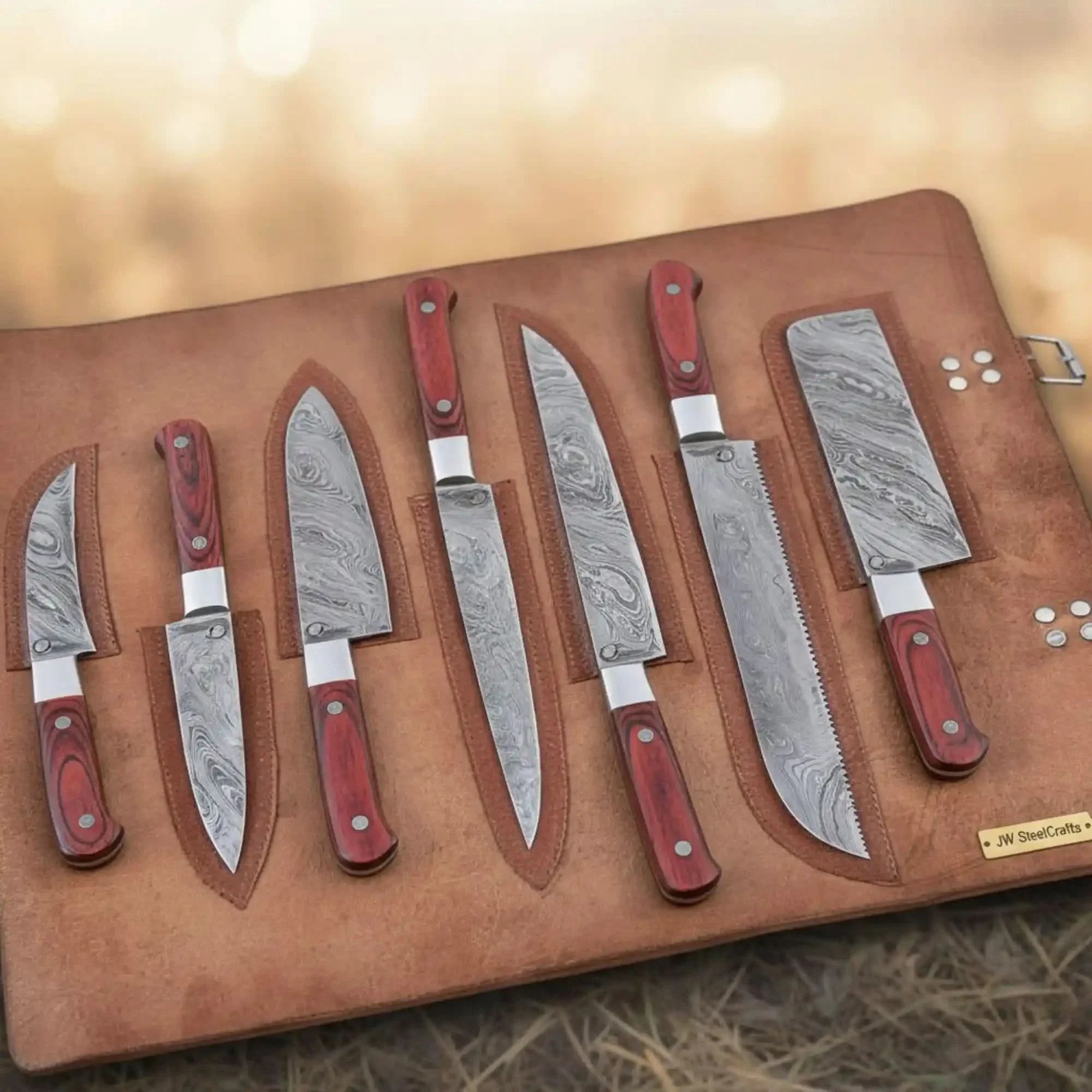 Hammer-Forged Damascus Chef &amp; Utility Knife Set in Leather Roll – Red Pakka Wood Handles, Full Tang