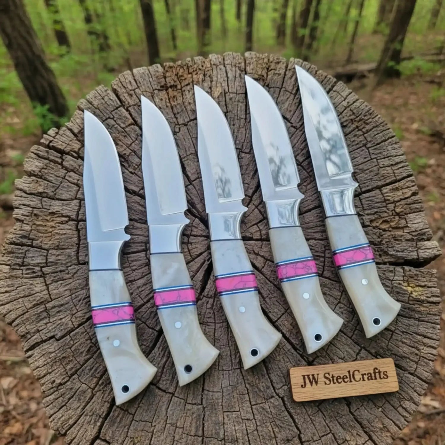 5-Piece Resin Hunting Knife Set with Cream Resin &amp; Pink Turquoise Handles