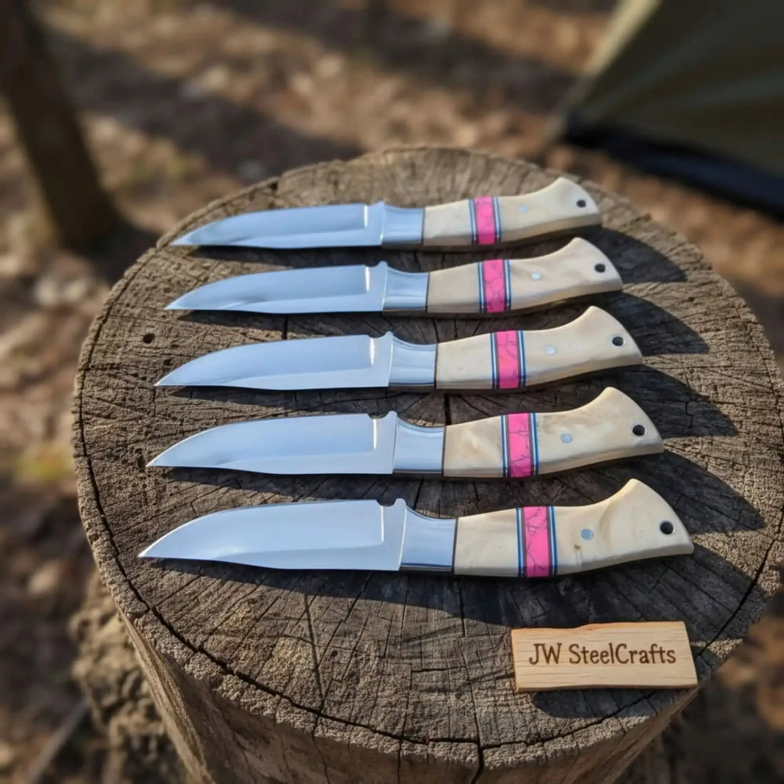 5-Piece Resin Hunting Knife Set with Cream Resin &amp; Pink Turquoise Handles