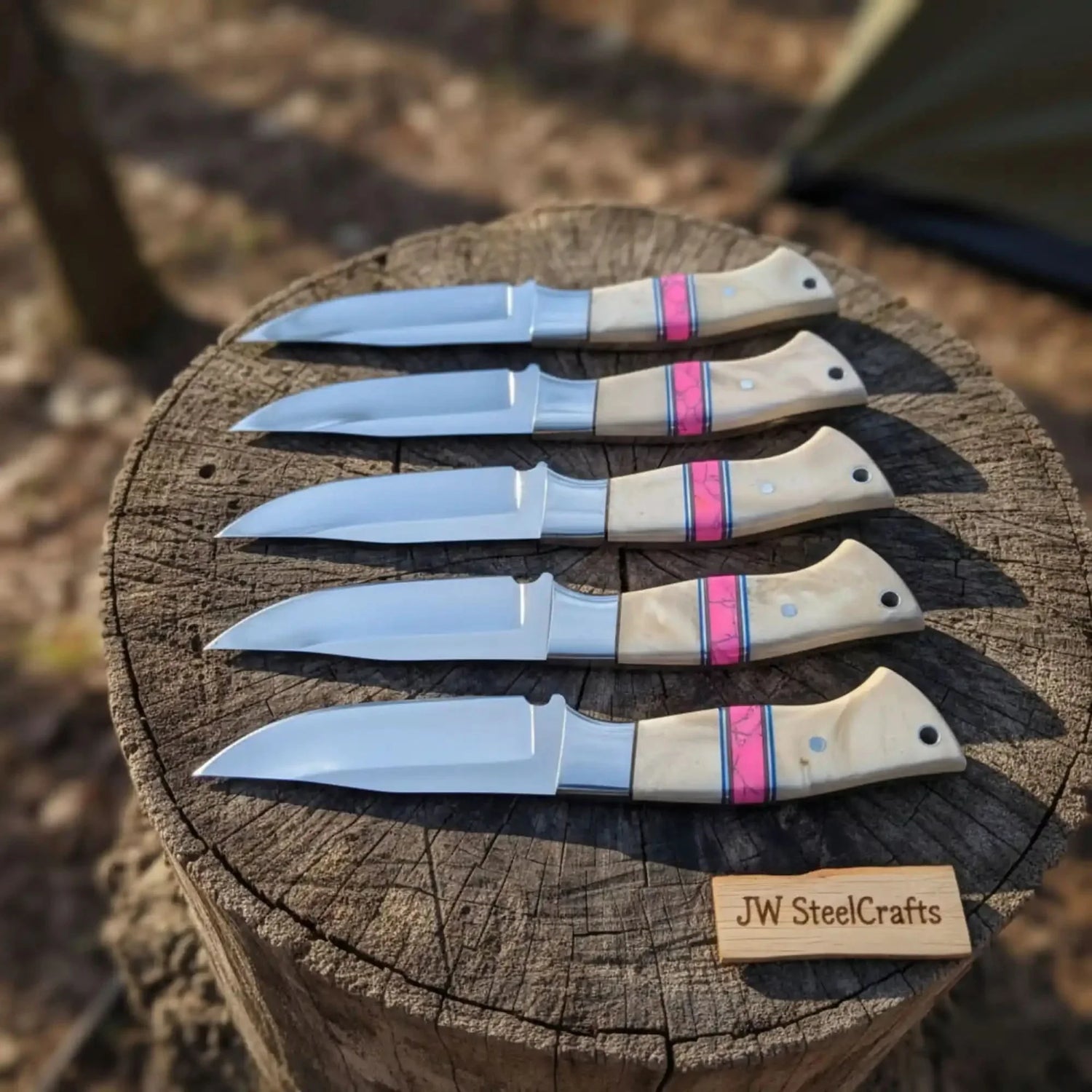 5-Piece Resin Hunting Knife Set with Cream Resin &amp; Pink Turquoise Handles