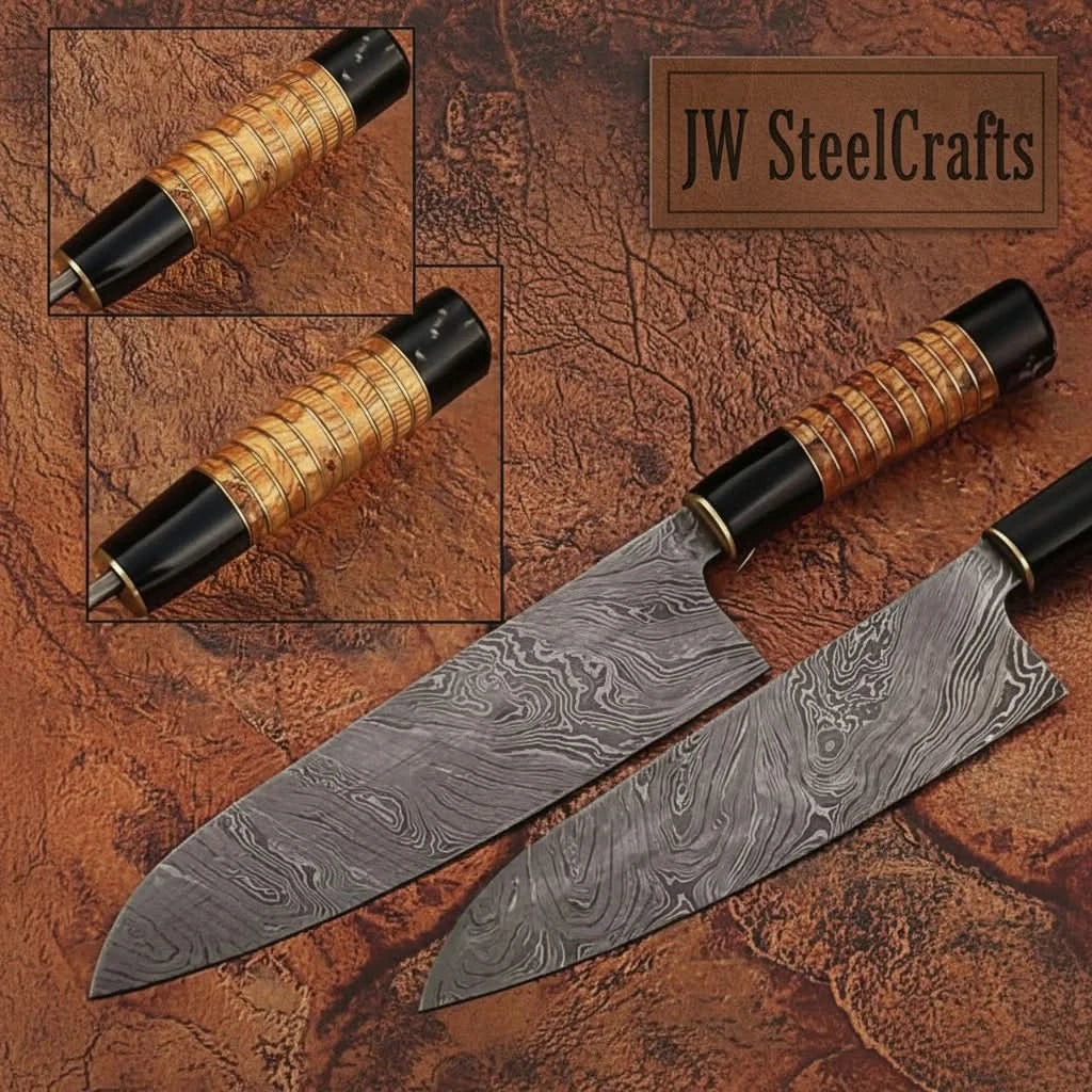Forged Damascus Santoku Knife – 7" Blade, Olive Wood &amp; Black Micarta Handle, Full Tang Kitchen Knife