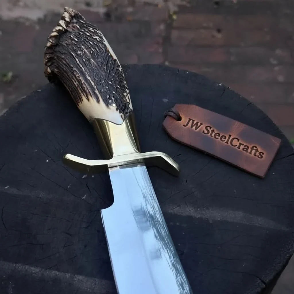 Handmade Carbon Steel Hunting Knife with Stag Horn Handle &amp; Leather Sheath