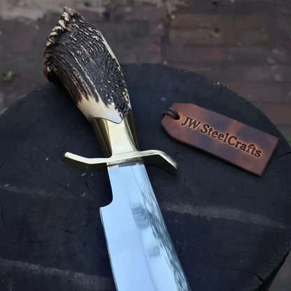 Handmade Carbon Steel Hunting Knife with Stag Horn Handle &amp; Leather Sheath