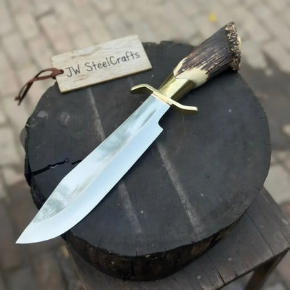 Handmade Carbon Steel Hunting Knife with Stag Horn Handle &amp; Leather Sheath