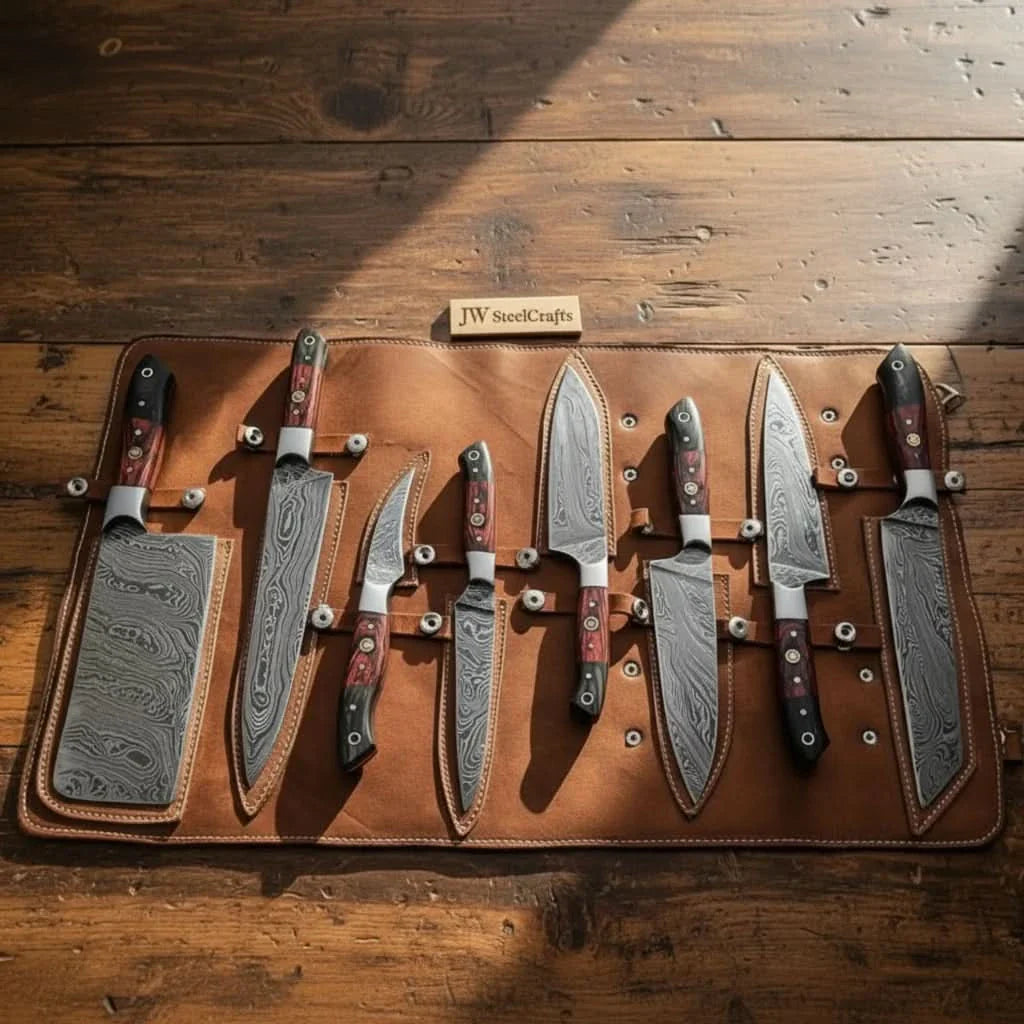 8-Piece Damascus Kitchen Knife Set — 7 to 13 Inch Blades with Black and Red Pakka Wood Handles, Mosaic Pins &amp; Leather Roll | JW Steel Crafts