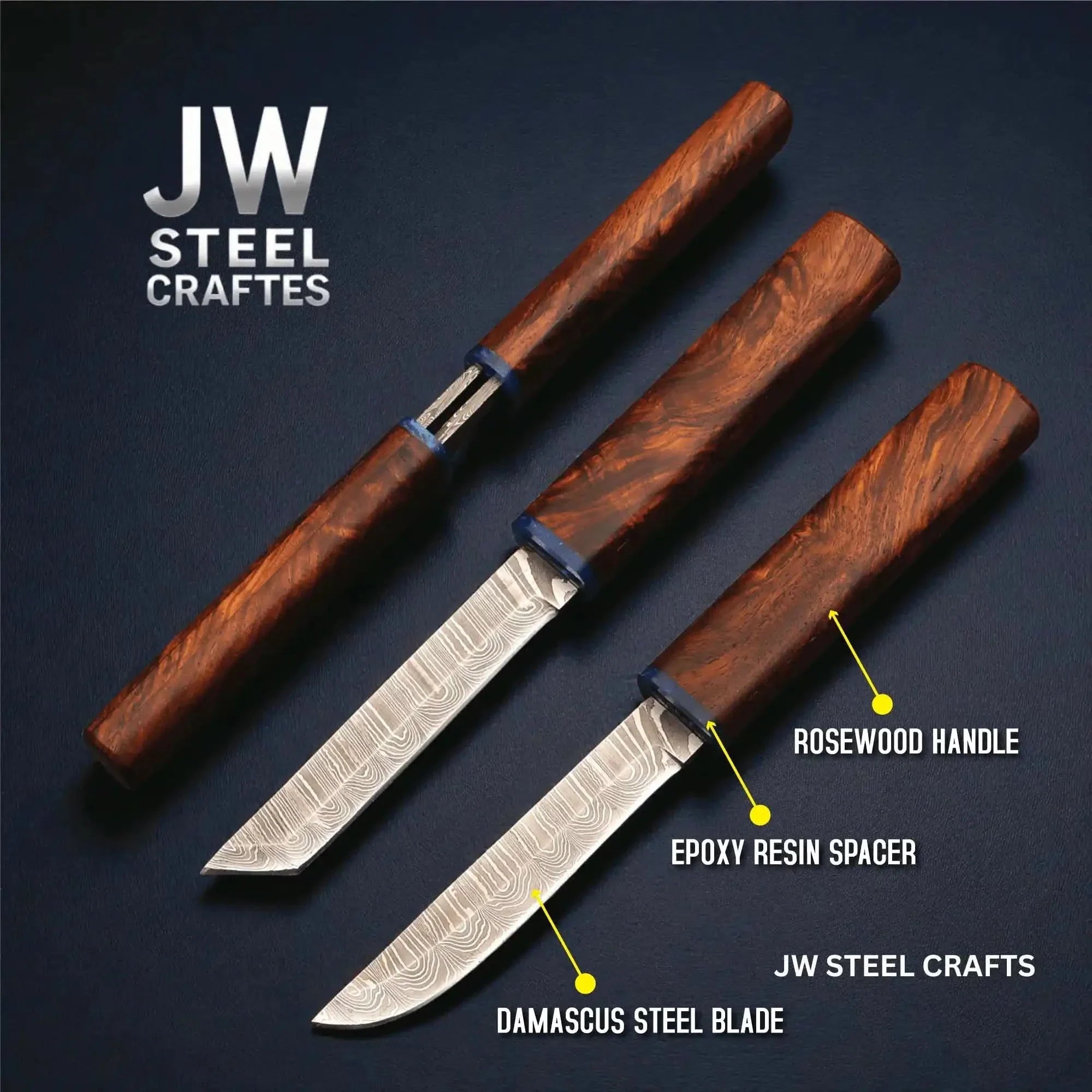 3-Piece Handmade Knife Set — 5-Inch Damascus Utility Blades with Rosewood Handles &amp; Interlocking Scabbard