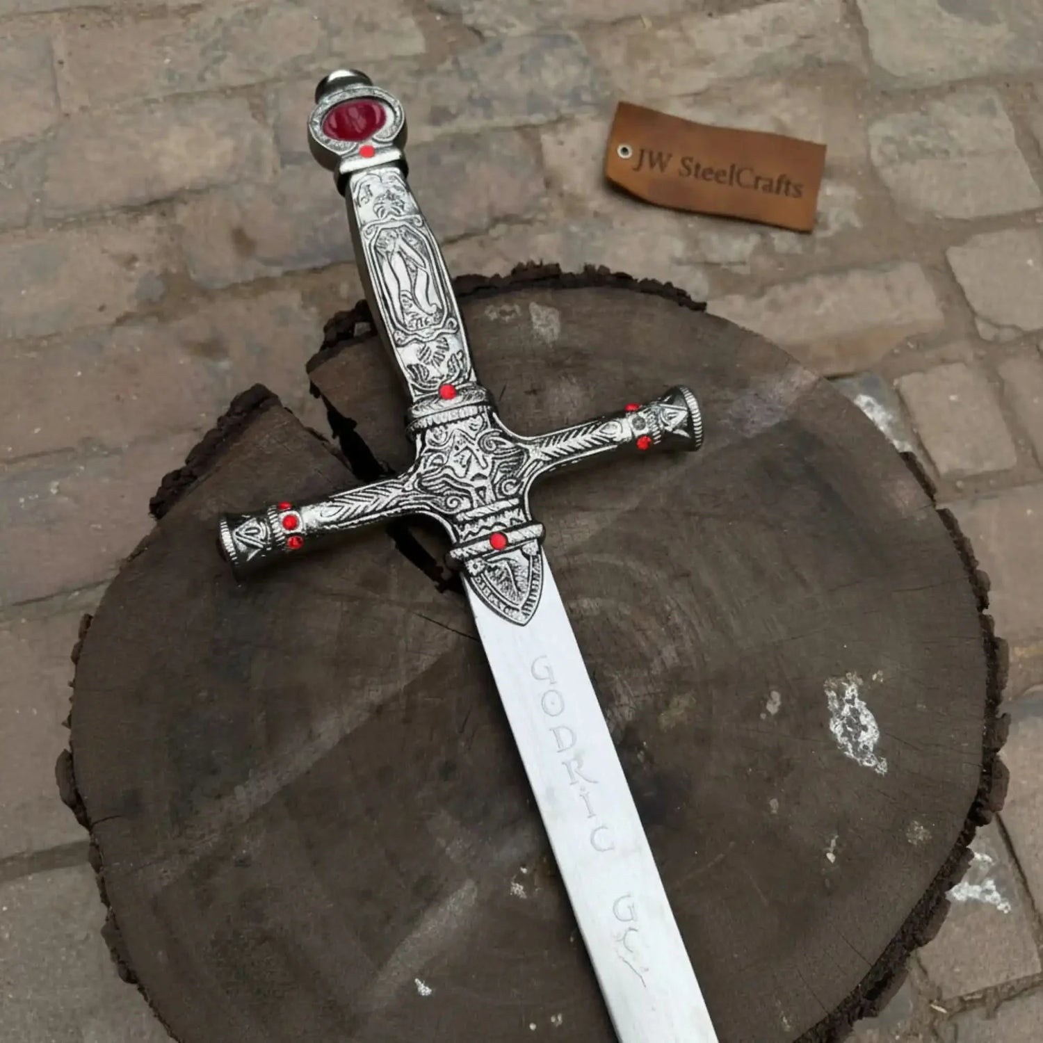 Handmade Sacred Gothic Royal Crusader Sword | Red Gemstone Replica