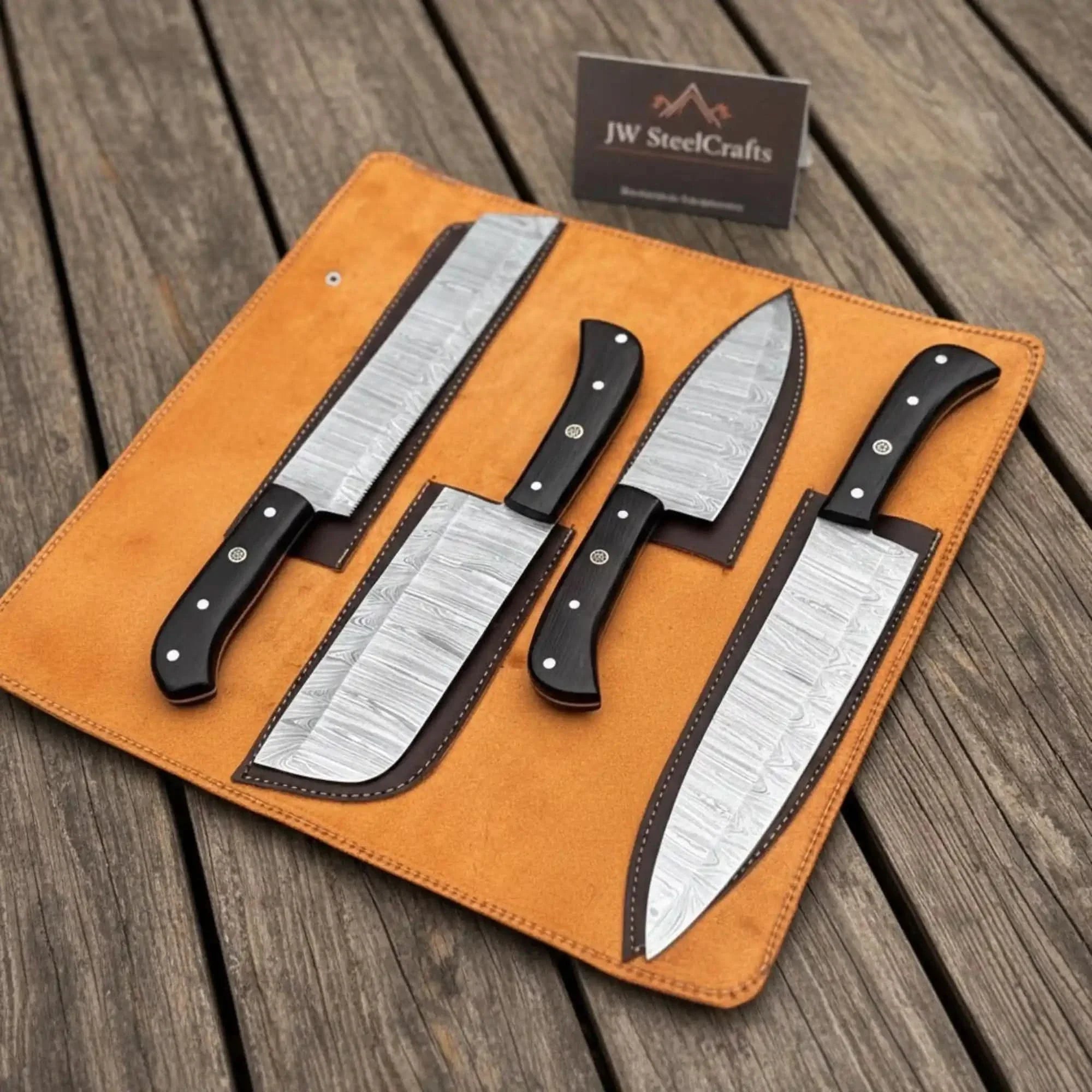 4-Piece Damascus Steel Kitchen Knife Set — Chef, Santoku, Cleaver &amp; Utility
