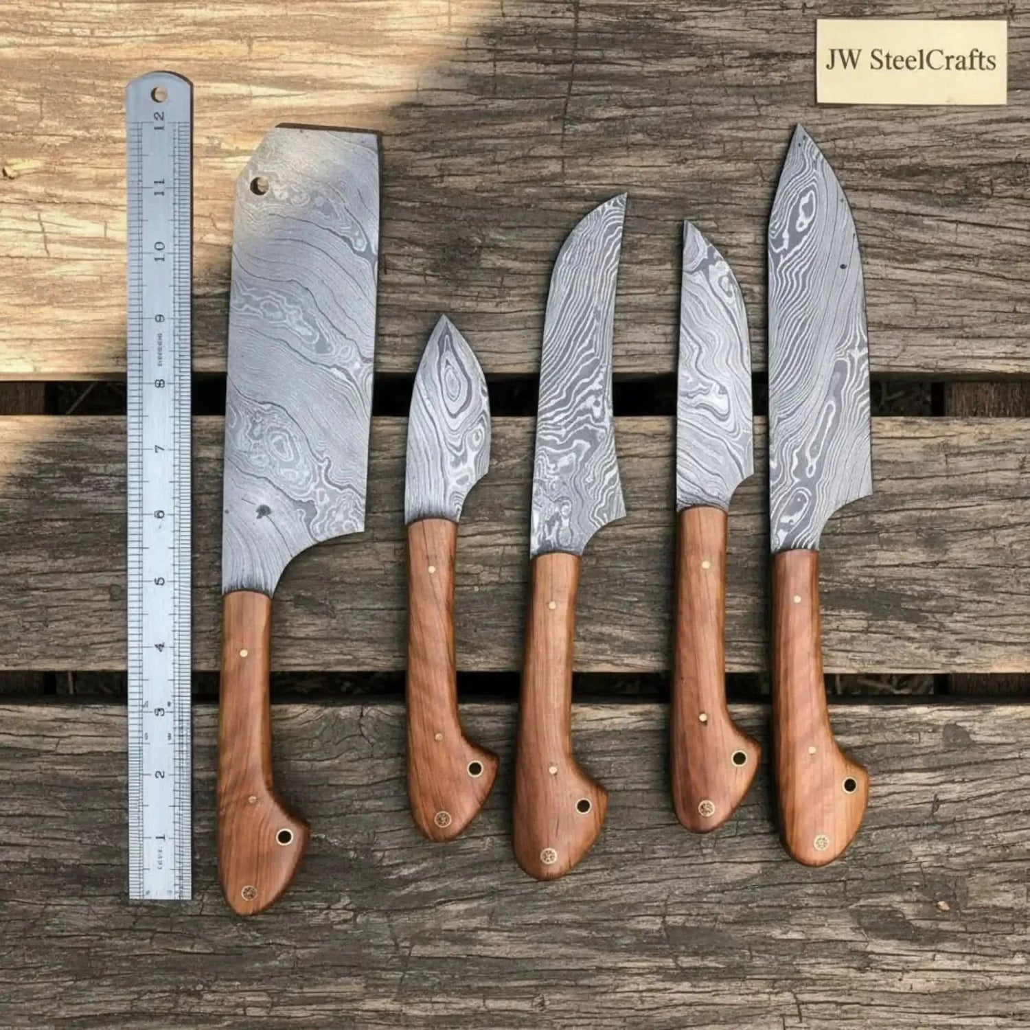 Custom Hand-Forged Damascus 5-Piece Kitchen Knife Set with Olive Wood Handles