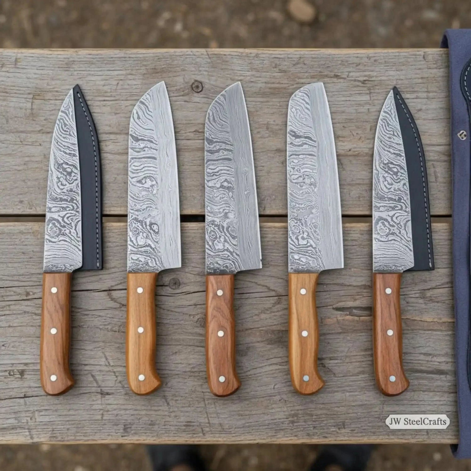 5-Piece Rustic Damascus Kitchen Knife Set with Olive Wood Handles &amp; Swirl Damascus Blades