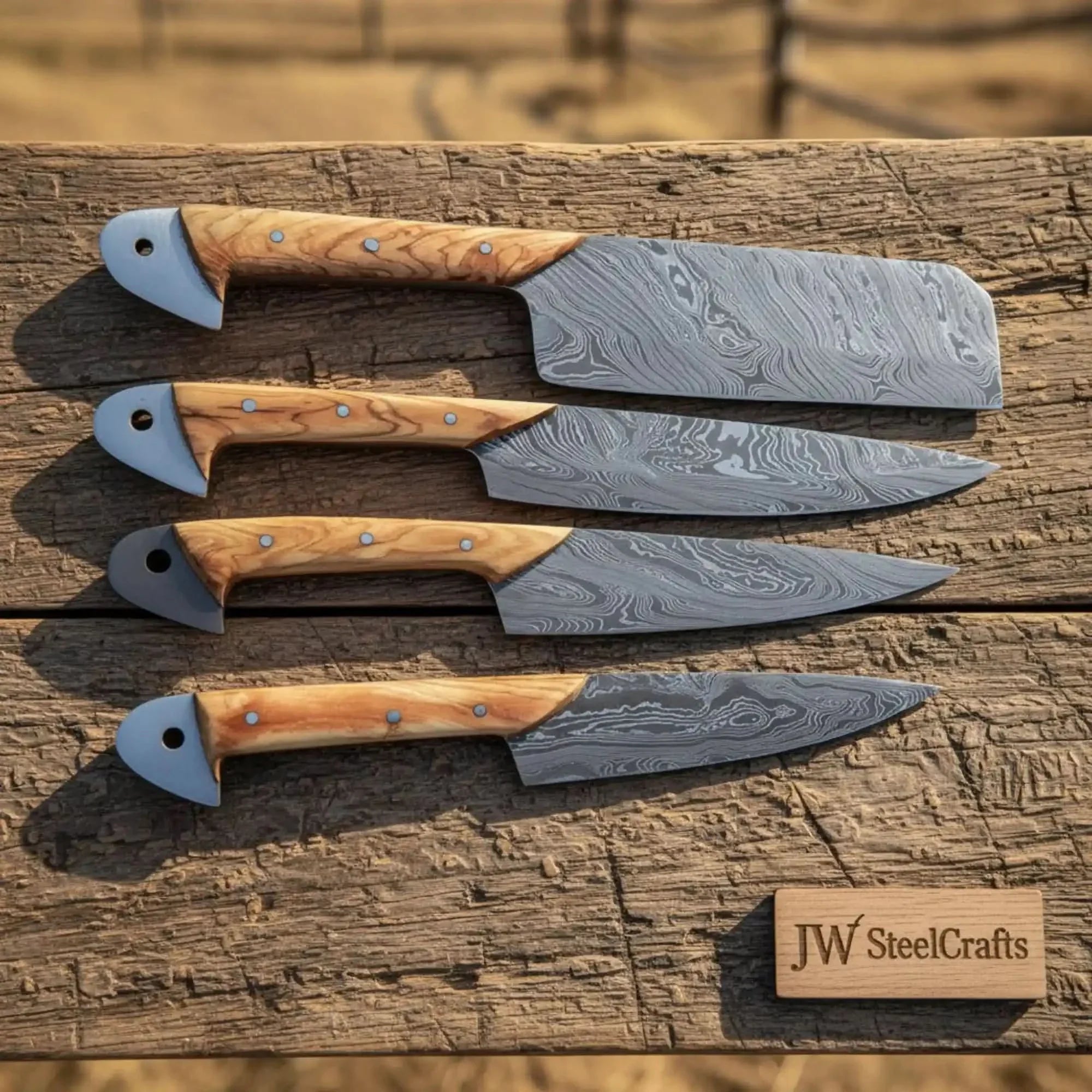 JW SteelCrafts 4-Piece Damascus Kitchen Knife Set — Cleaver, Gyuto, Utility &amp; Paring Knife with Olive Wood Handles