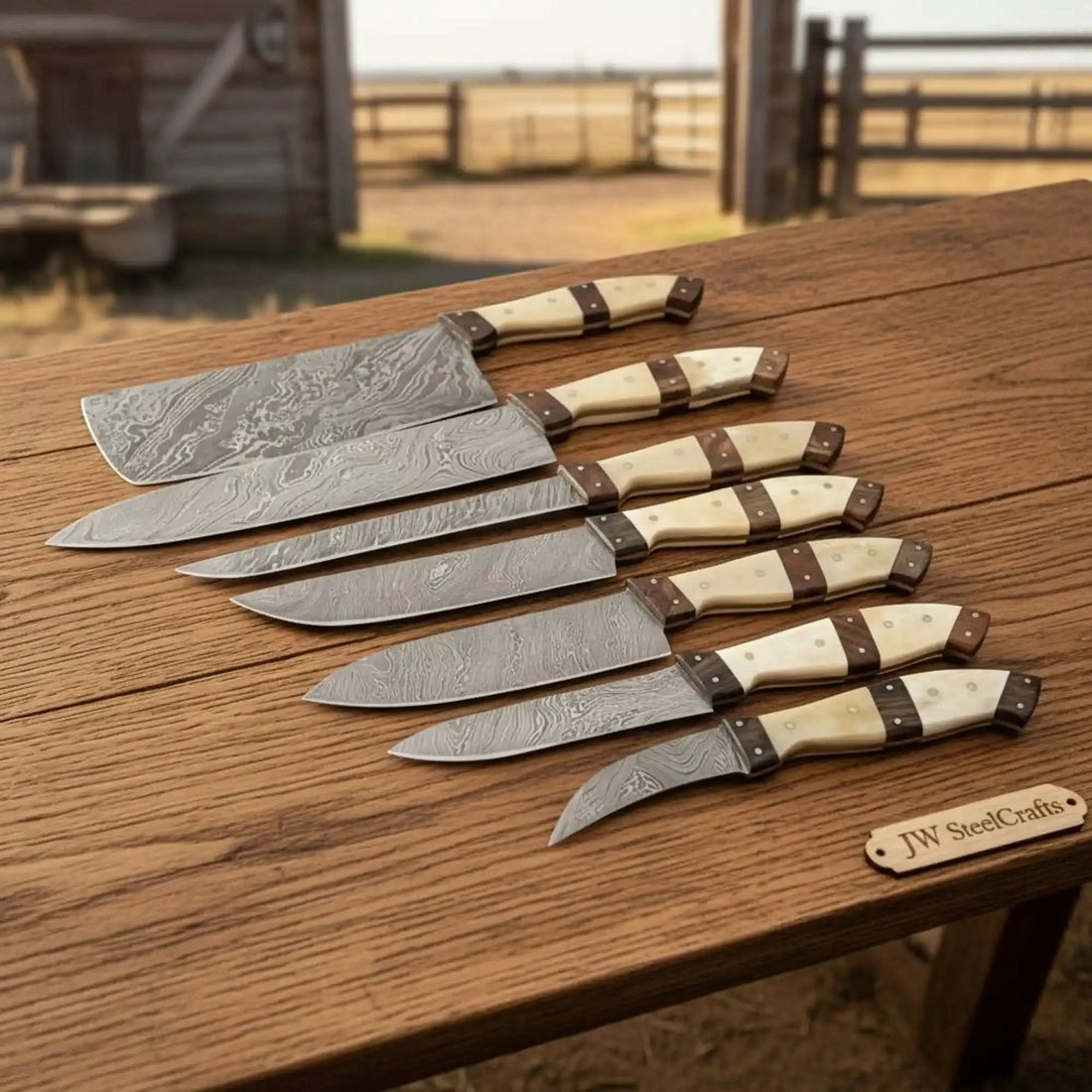 7-Piece Damascus Kitchen Knife Set — Cleaver, Gyuto, Santoku, Bunka, Utility &amp; Paring Knife with Bone and Rosewood Handles | JW SteelCrafts