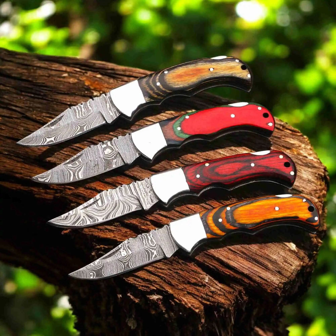 Handmade Damascus Folding Knife with Pakka Wood Handle &amp; 4 Color Variations