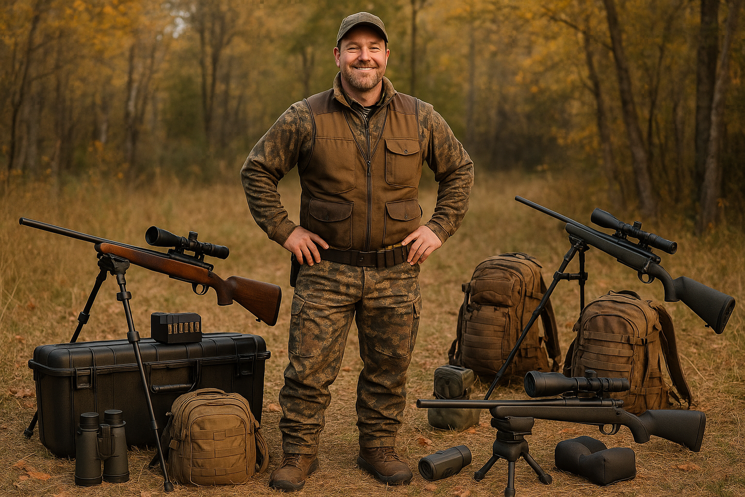 satisfied hunter with surrounding shooting gears of our store