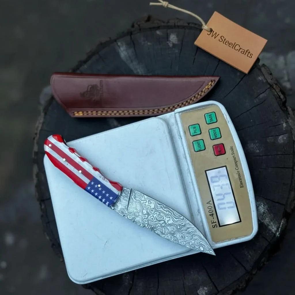 Damascus Steel USA Flag Handle Knife — 5-Inch Raindrop, &amp; Leather Sheath