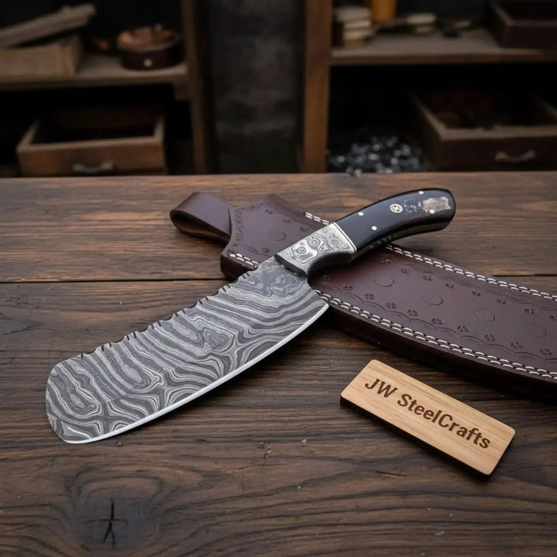 10-Inch Forged Damascus Nakiri Chopper — Ladder Pattern Blade, Engraved Damascus Bolster, Black Resin Handle &amp; Tooled Leather Sheath