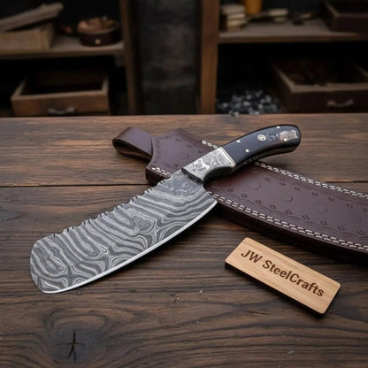 10-Inch Forged Damascus Nakiri Chopper — Ladder Pattern Blade, Engraved Damascus Bolster, Black Resin Handle &amp; Tooled Leather Sheath