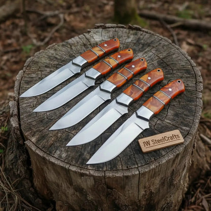 Handmade Artisan Scandi Bushcraft Knife of Set 5-Piece with Scandi Grind &amp; Orange Resin Handles