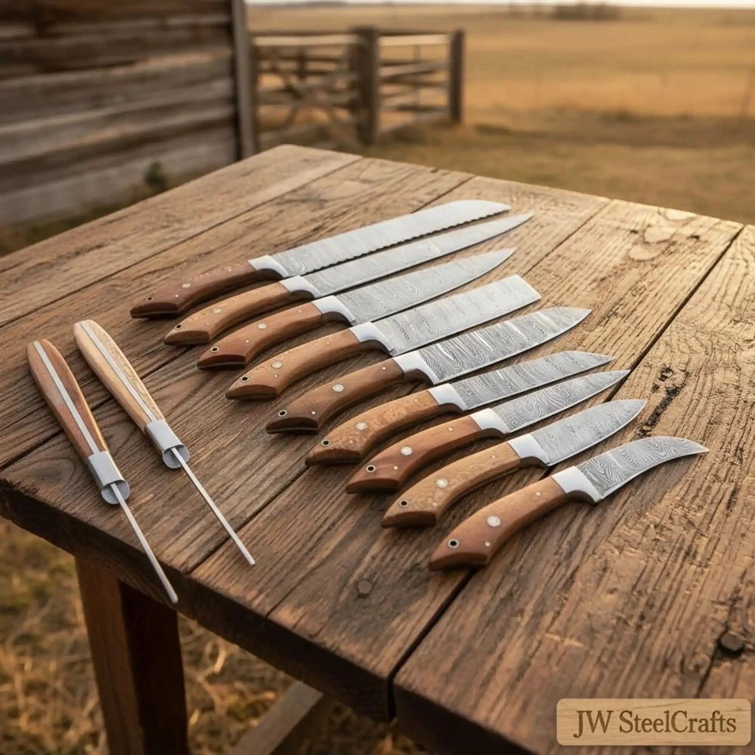 9-Piece Handmade Damascus Kitchen Knife Set with Japanese Blade Profiles and Walnut Wood Handles